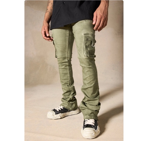 Serenade Olea Men Military Green Oil Cargo Stacked Jeans Size 34 - Picture 1 of 12